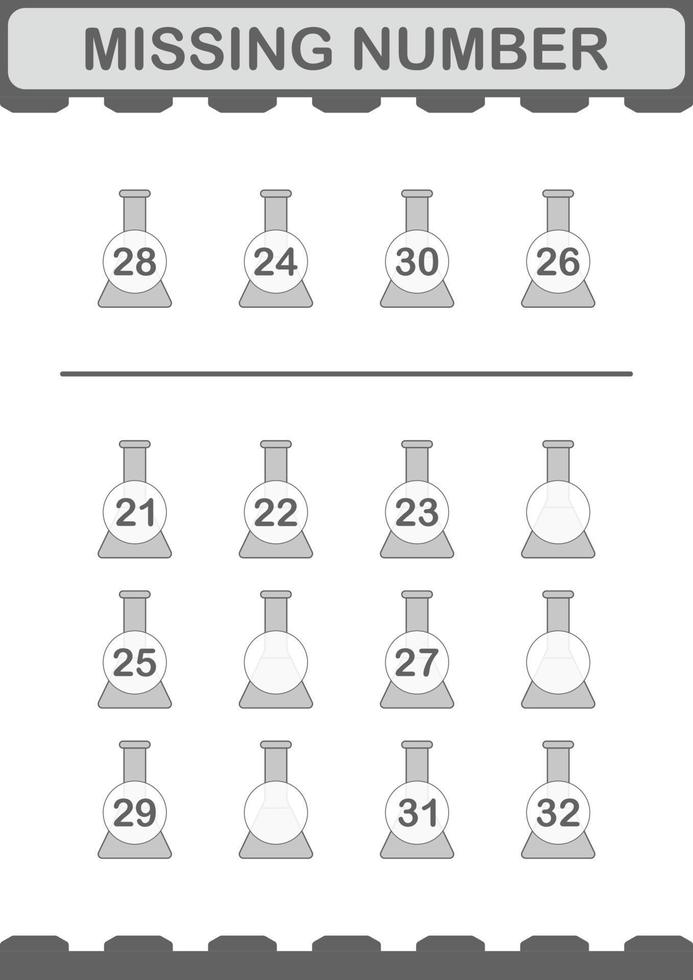 fehlende Nummer mit Erlenmeyerkolben. Arbeitsblatt für Kinder vektor