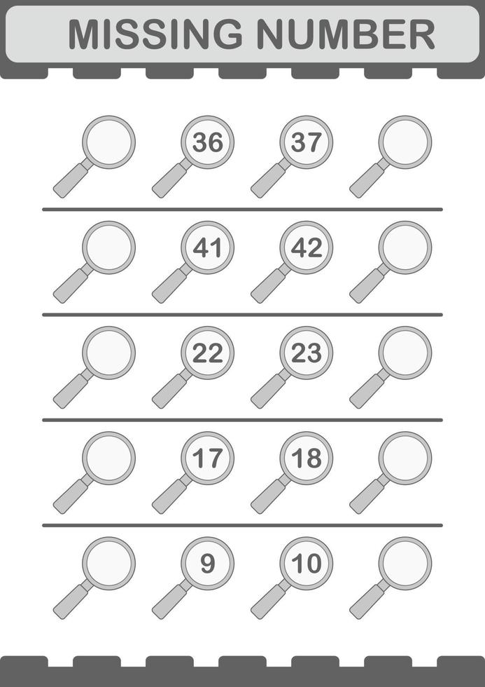 fehlende Zahl mit Lupe. Arbeitsblatt für Kinder vektor