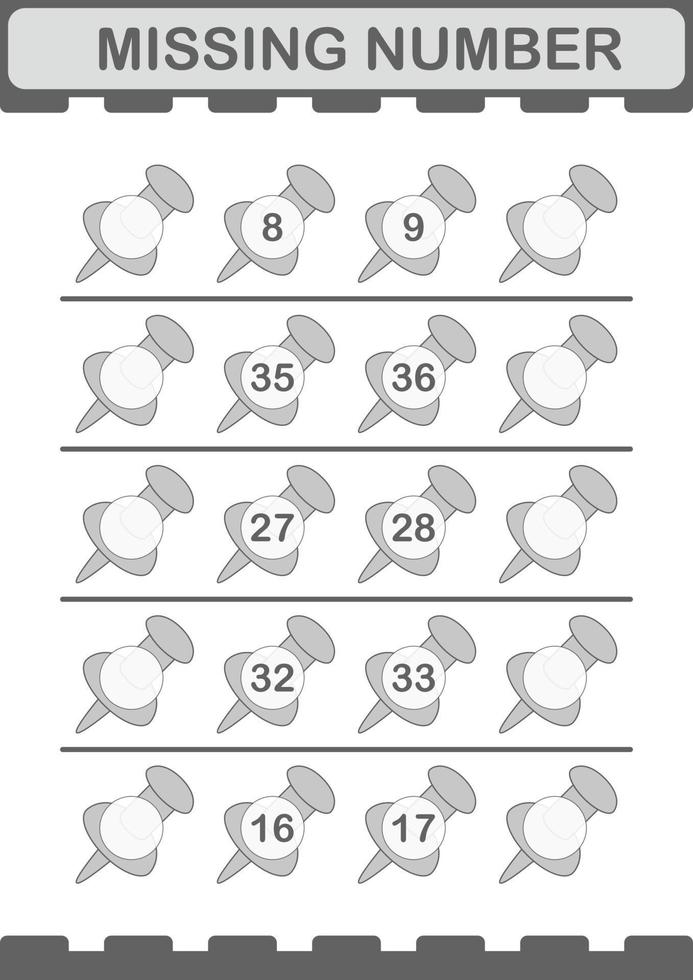 fehlende Nummer mit Stecknadel. Arbeitsblatt für Kinder vektor
