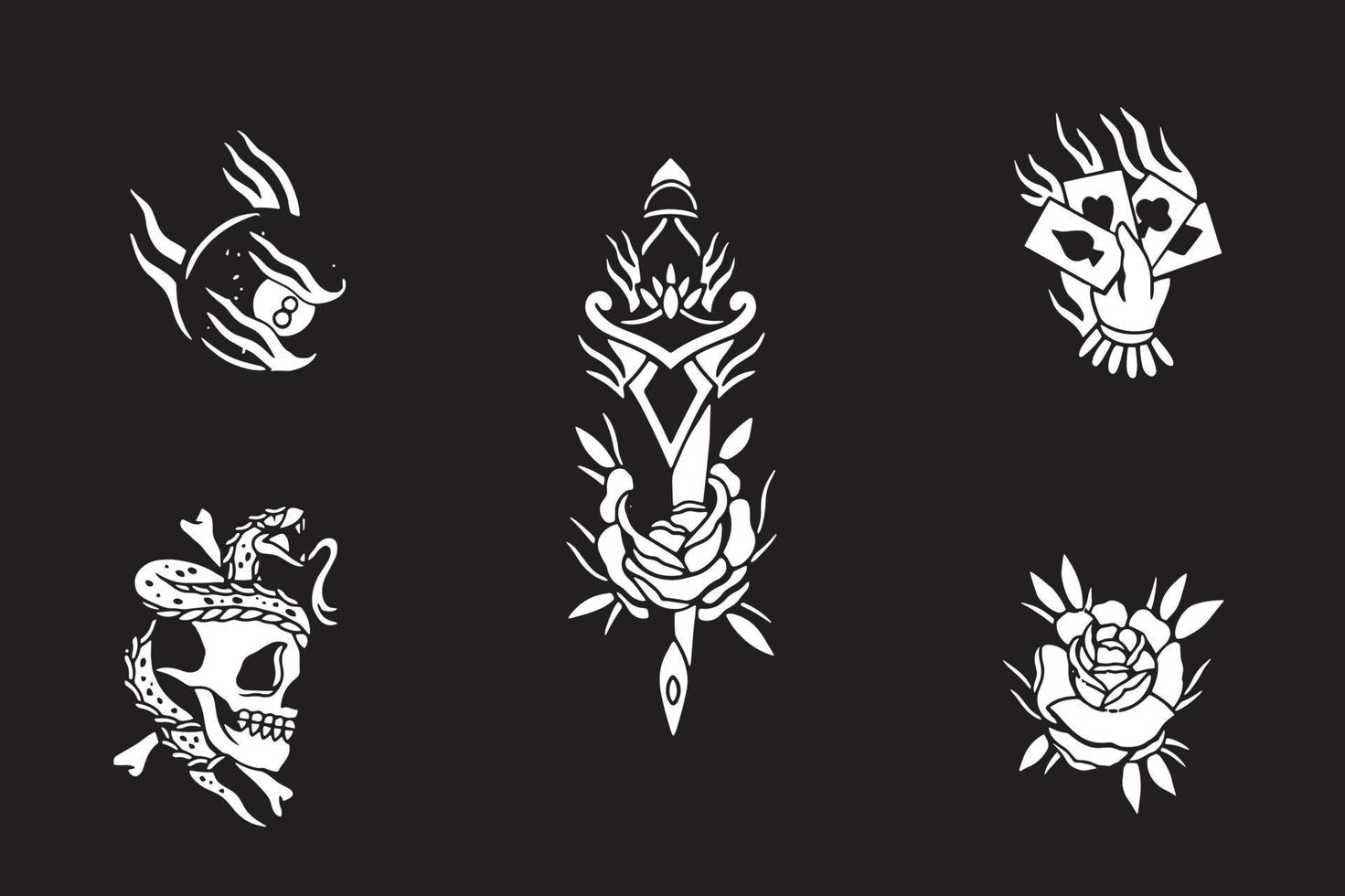 ornament set vektor av skalle, orm, svärd, blomma och handcard poker design, logotyp set