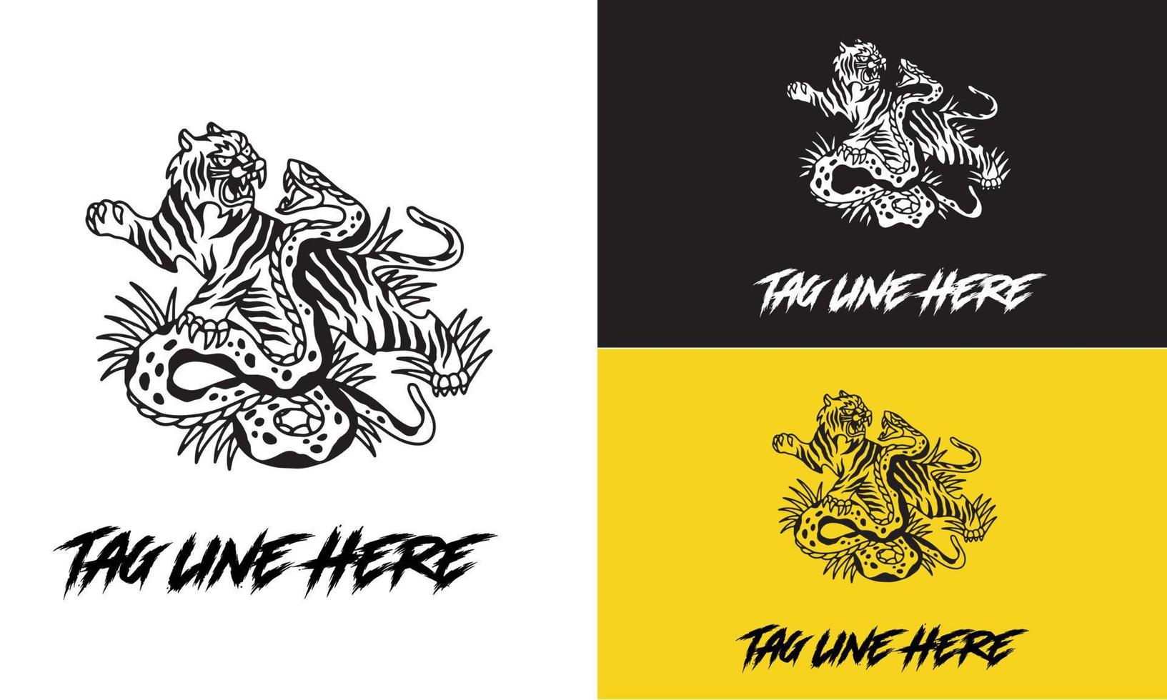 Logo Tiger und Schlange kämpfen schwarz-weißes Vektordesign vektor