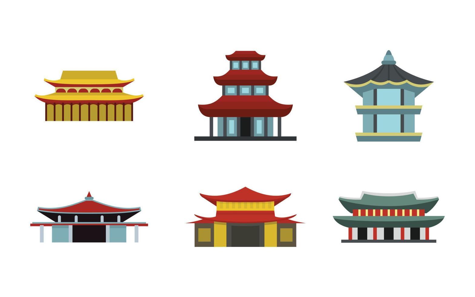 asiatisches Schloss-Icon-Set, flacher Stil vektor