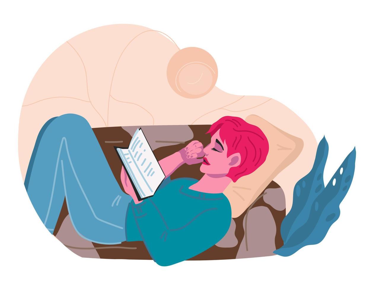 kvinna som ligger på soffan och läser intressant berättelse. bokmask hobby och fritid hemma koncept. bekväm kvällsrutin med bok och varm hemkänsla, lugn livsstil. platt vektor isolerade.