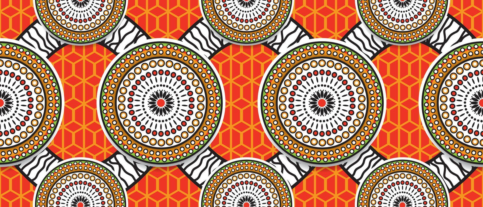 Afrikanisches ethnisches traditionelles rotes orange Farbmuster. nahtlose schöne Kitenge, Chitenge-Stil. Modedesign in bunt. abstraktes motiv des geometrischen kreises. florale Ankara-Drucke, afrikanische Wachsdrucke. vektor