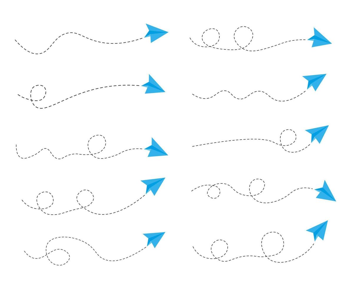 satz der gestrichelten linie papierflugzeugroute vektor