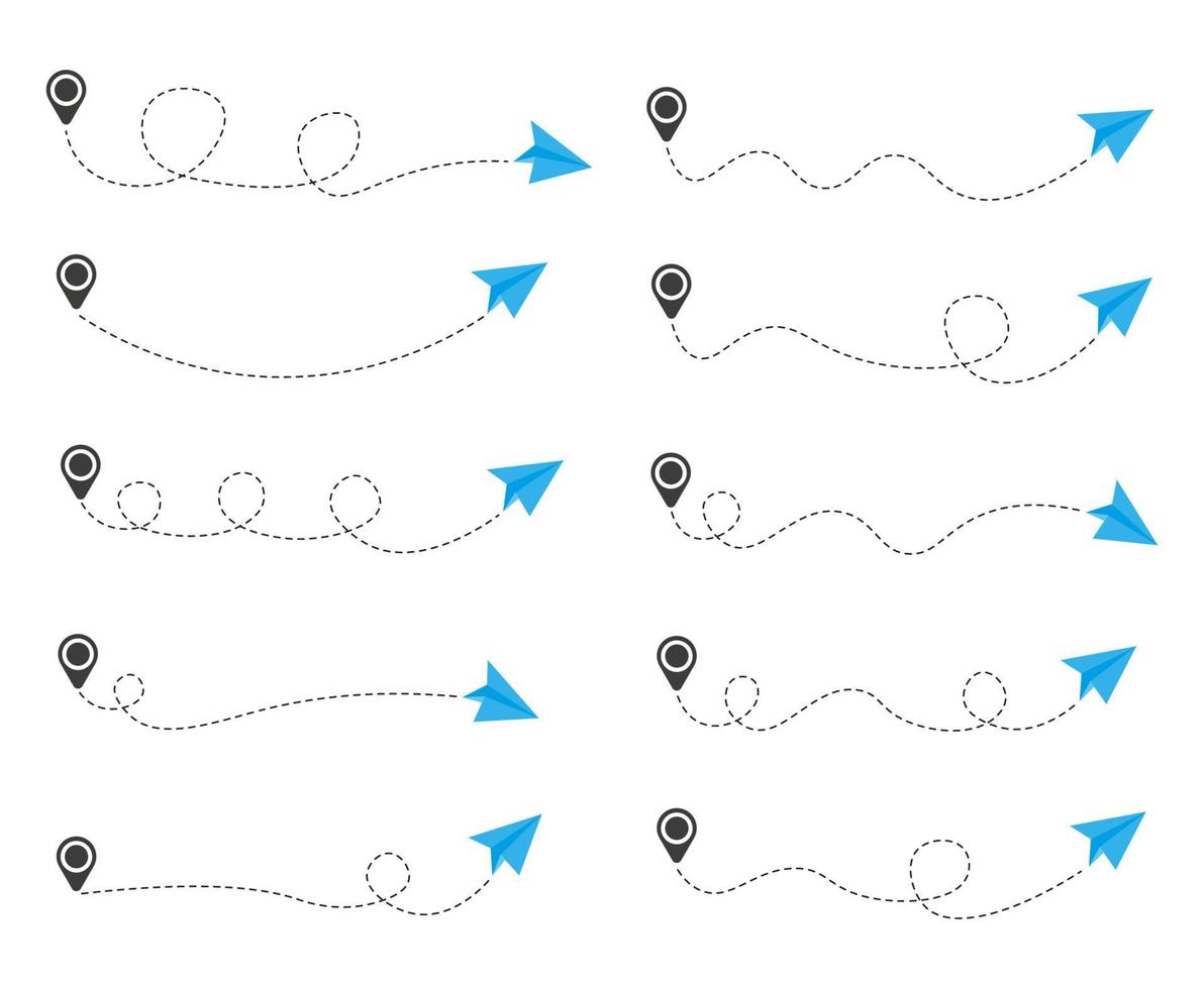 uppsättning av streckad linje papper flygplan rutt med platsikonen vektor
