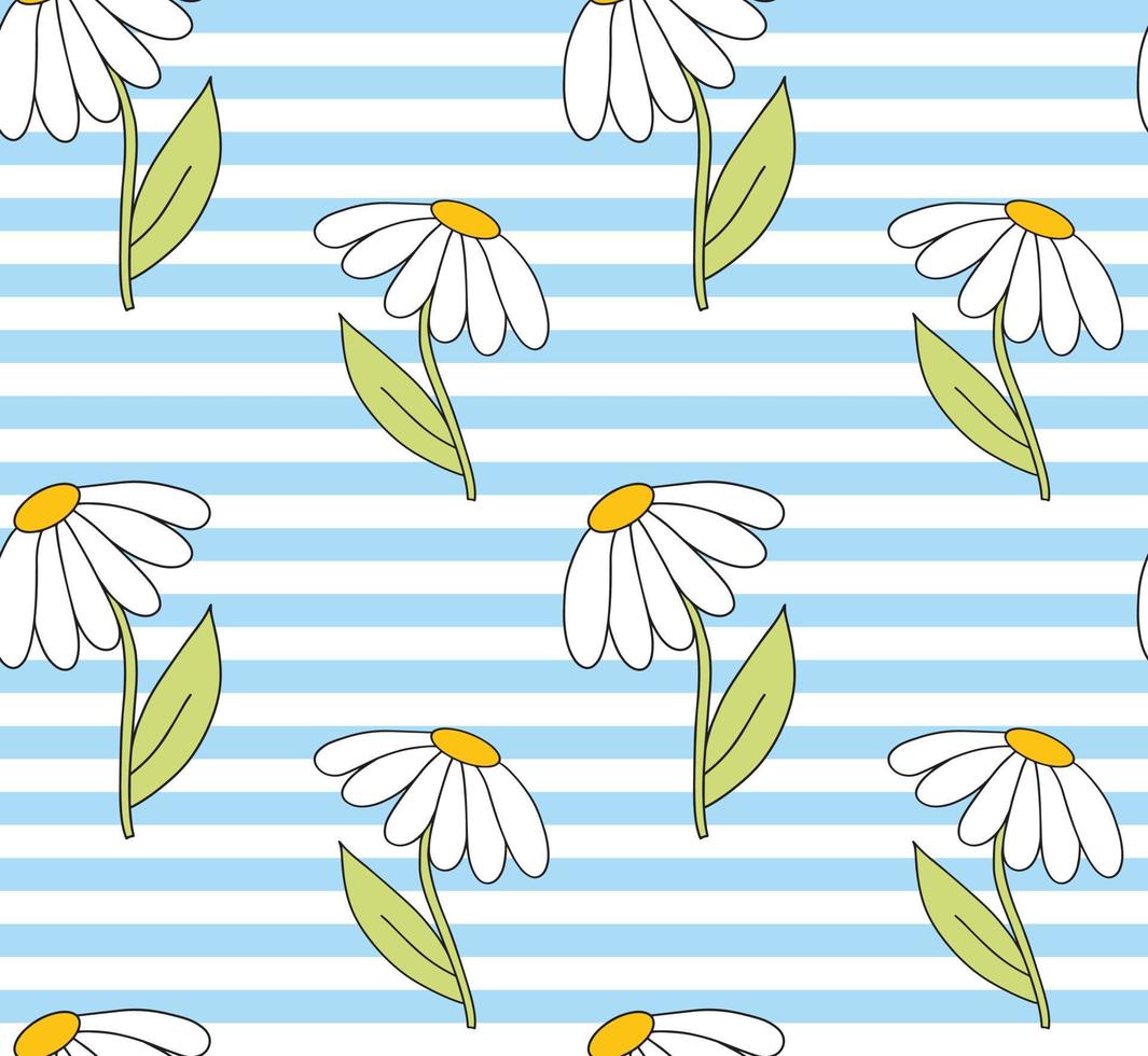 söta sömlösa mönster med blå vit rand och doodle daisy kamomill blomma. mode textiltryck, flickaktig tapetdesign. vektor illustration bakgrund.