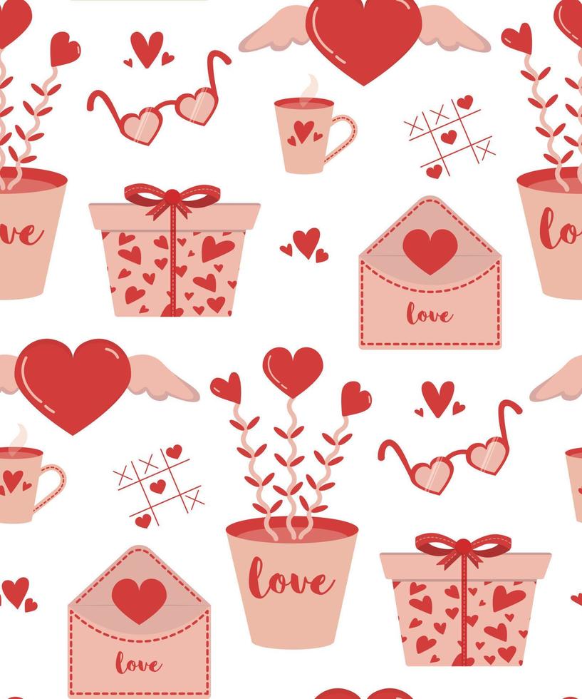 Valentinstag Vektor Musterdesign Hintergrund - Geschenkbox, Liebesbrief, Liebespflanze, herzförmige Sonnenbrille, Kaffeetasse, Herz mit Flügeln, Tic Tac Toe