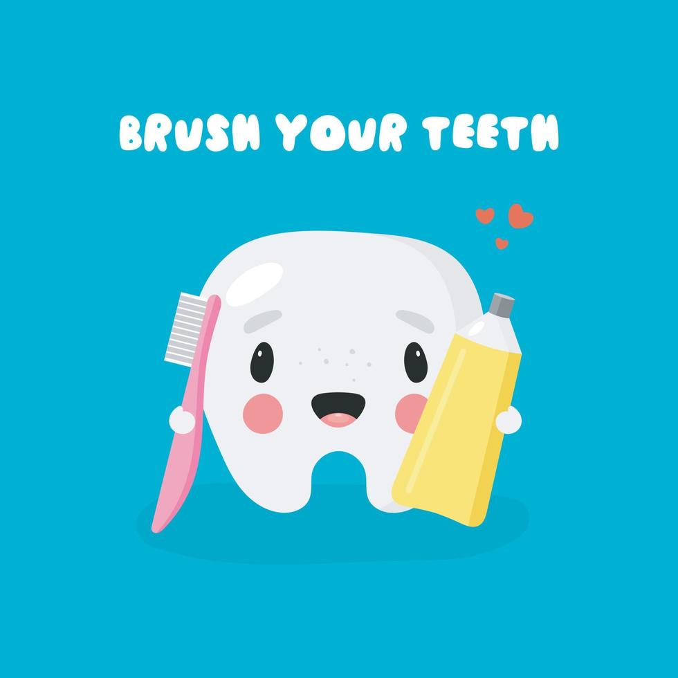 affisch om tandhygien i tecknad stil. illustrationen visar roliga tand, tandkräm och tandborste. dental koncept för barn tandvård och ortodonti. vektor illustration.