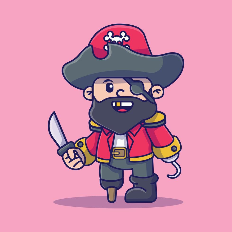 karaktär design pirat tecknad vektor ikon. piratkapten med ögonbindel och svärd i hand ikon koncept. platt tecknad stil