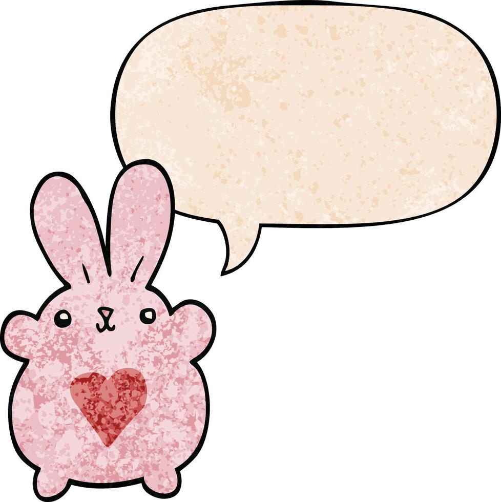niedliches Cartoon-Kaninchen und Liebesherz und Sprechblase im Retro-Textur-Stil vektor