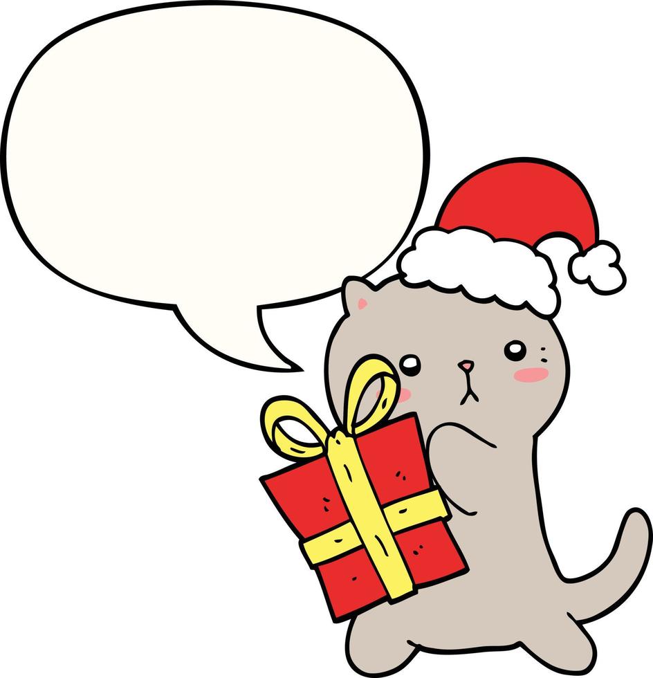 niedliche karikaturkatze, die weihnachtsgeschenk und sprechblase trägt vektor