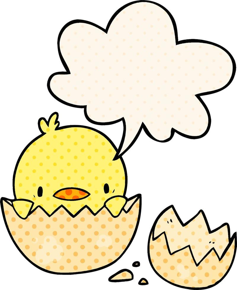 süßes Cartoon-Küken, das aus Ei und Sprechblase im Comic-Stil schlüpft vektor
