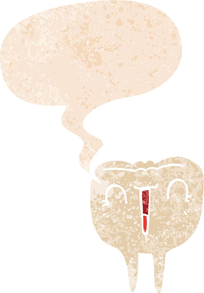 glücklicher zahn der karikatur und sprechblase im retro-strukturierten stil vektor