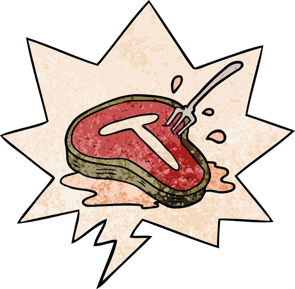 Cartoon gekochtes Steak und Gabel und Sprechblase im Retro-Textur-Stil vektor