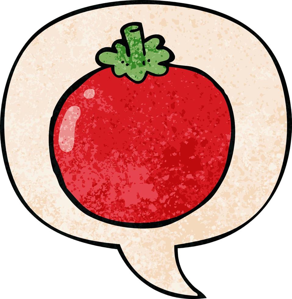 Cartoon-Tomate und Sprechblase im Retro-Textur-Stil vektor