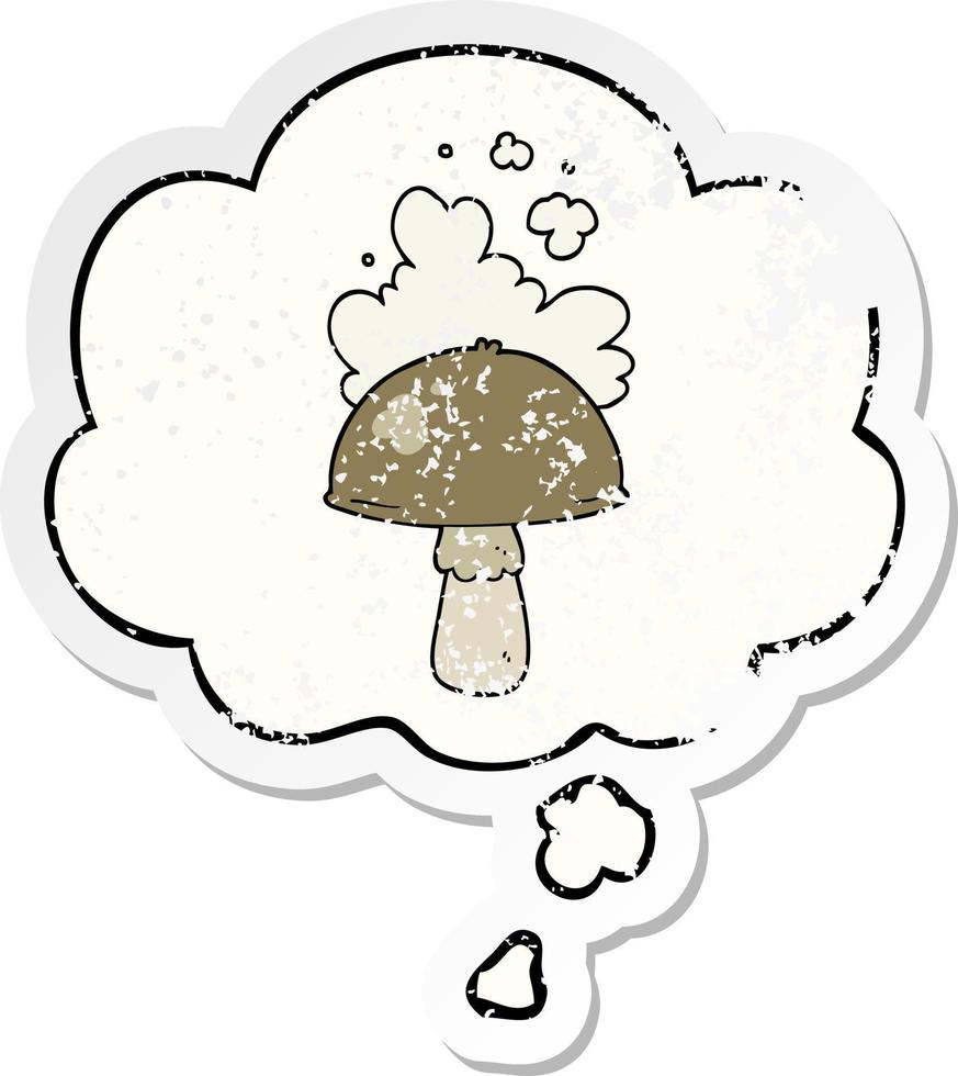 tecknad svamp med spormoln och tankebubbla som ett bedrövat slitet klistermärke vektor