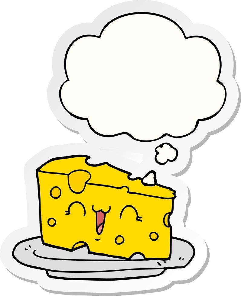 söt tecknad ost och tankebubbla som ett tryckt klistermärke vektor