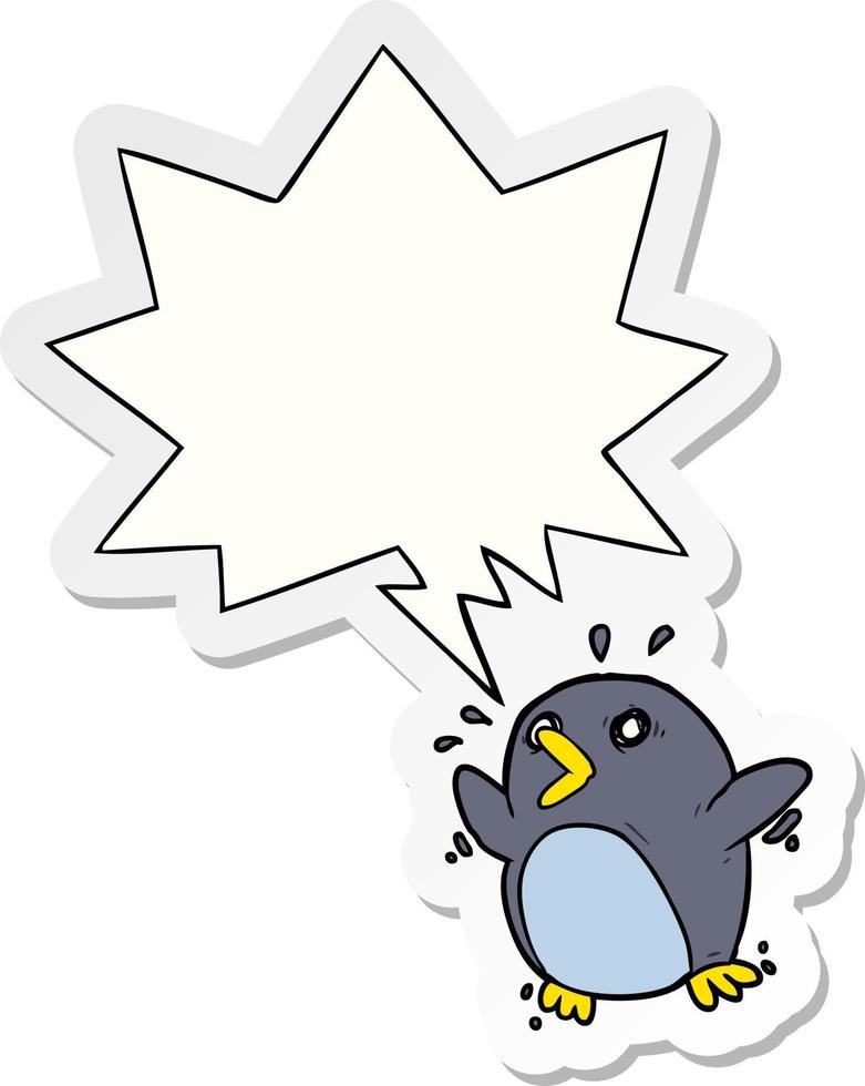 tecknad rädd pingvin och pratbubbla klistermärke vektor