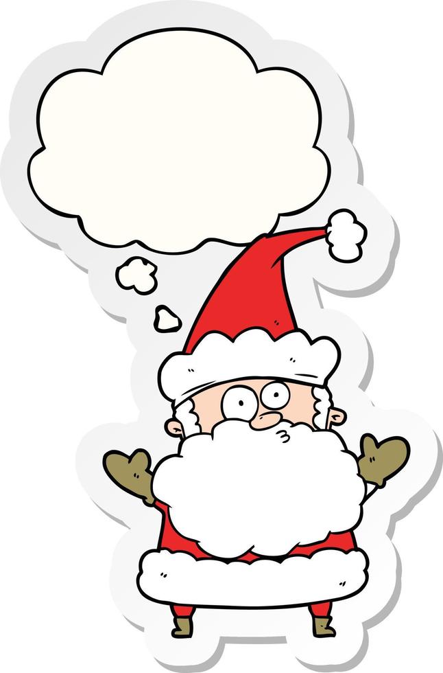 tecknad förvirrad jultomte och tankebubbla som ett tryckt klistermärke vektor