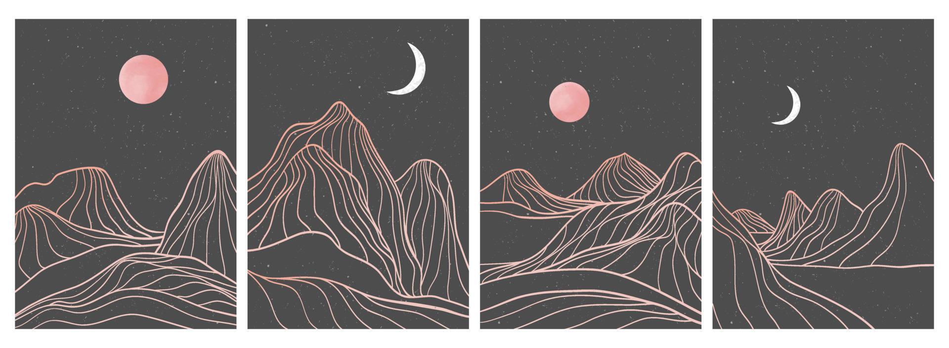 kreativt minimalistiskt modernt linjekonsttryck på set. abstrakt berg samtida estetiska bakgrunder landskap. med berg, måne, hav, skyline, våg. vektor illustrationer