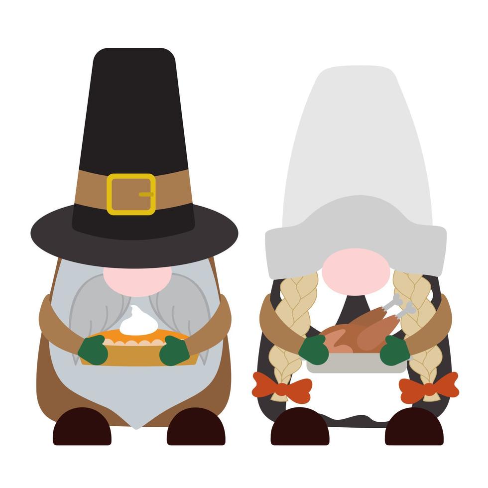 Thanksgiving tomtar karaktär i pilgrimskostym håller kalkon och pumpa paj. vektor illustration. isolerad på vit bakgrund.