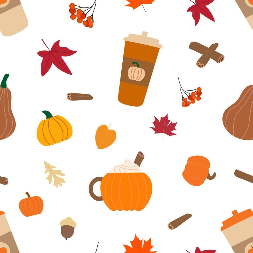 Herbst Vektor flach Kürbisgewürz Latte nahtlose Muster. kaffee latte tasse, kakaobecher mit marshmallow, orange kürbisse, herbstlaub auf weißem hintergrund. herbststimmung illustration.