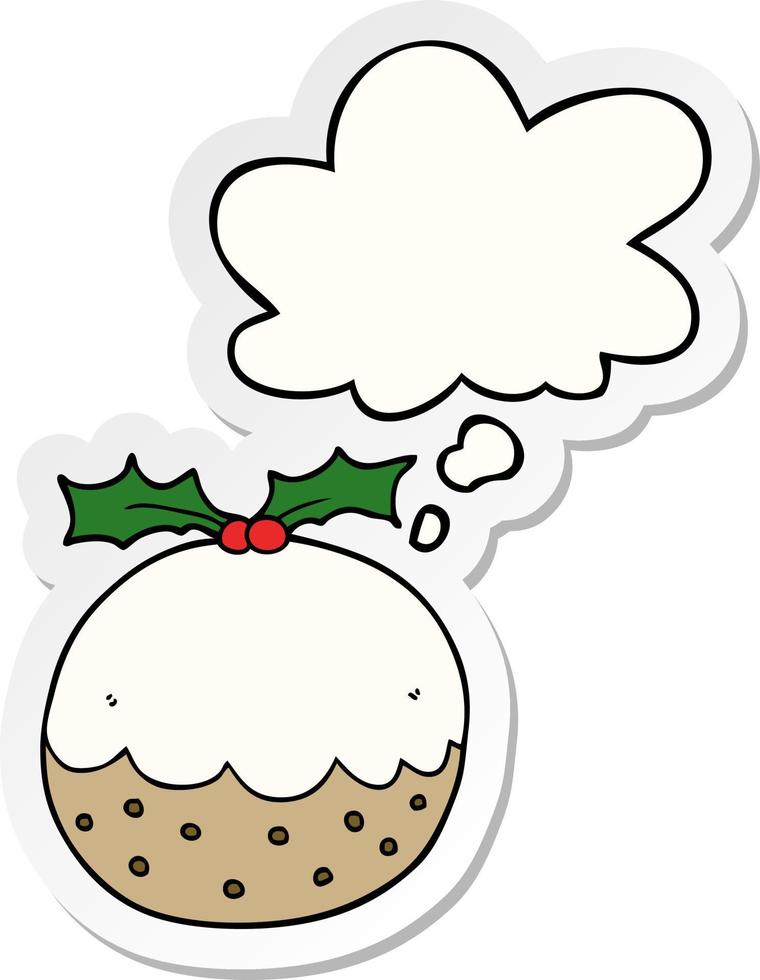 Cartoon Christmas Pudding und Gedankenblase als bedruckter Aufkleber vektor