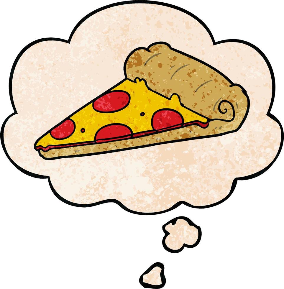 Cartoon-Pizzascheibe und Gedankenblase im Grunge-Texturmuster-Stil vektor