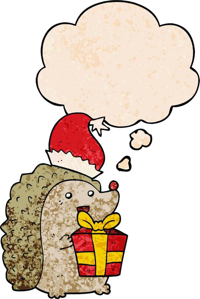 Cartoon-Igel mit Weihnachtsmütze und Gedankenblase im Grunge-Texturmuster-Stil vektor
