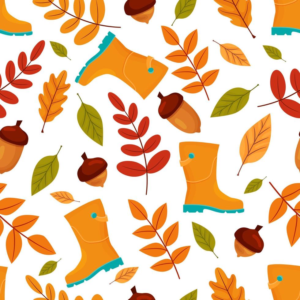 tecknad höst seamless mönster med löv, stövlar och ekollon. vektorillustration för omslagspapper, kort, bakgrund och olika höstdesign. vektor