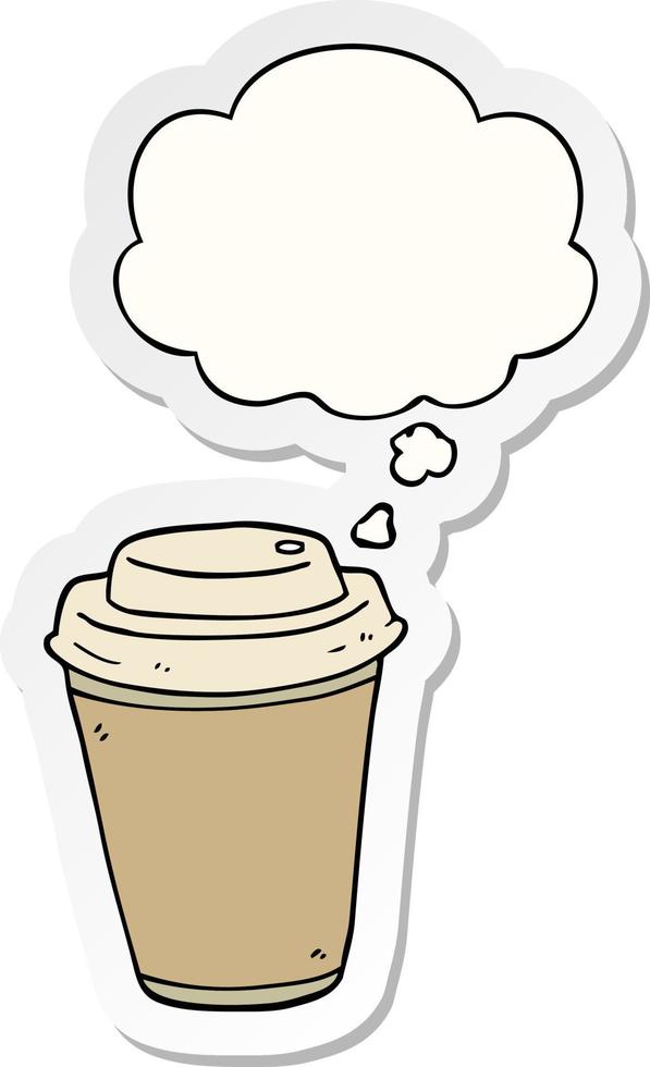 Cartoon Kaffeetasse zum Mitnehmen und Gedankenblase als bedruckter Aufkleber vektor