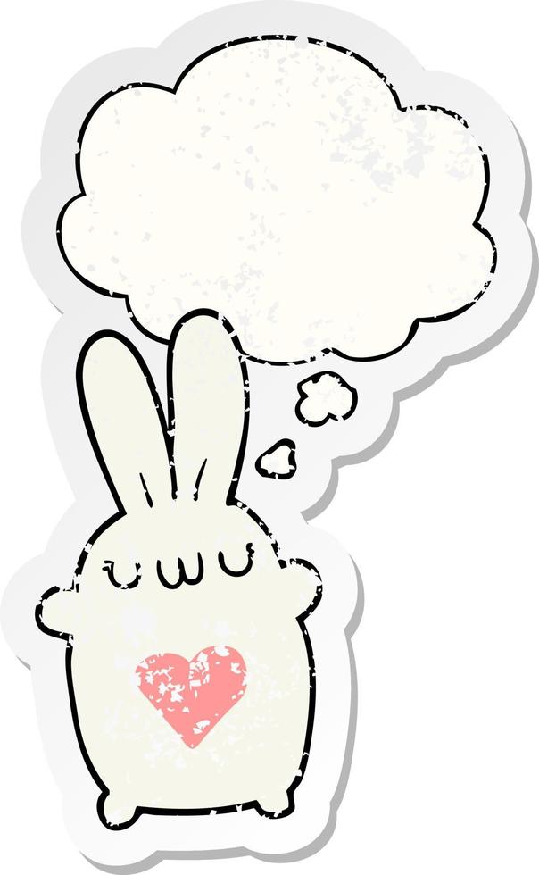söt tecknad kanin med kärlekshjärta och tankebubbla som ett bekymrat slitet klistermärke vektor