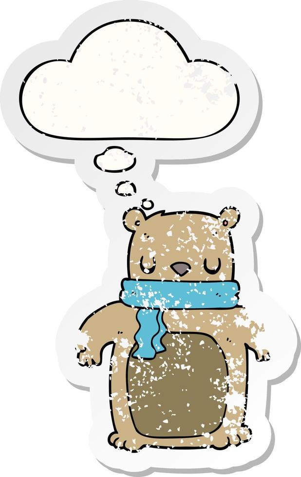 tecknad björn med halsduk och tankebubbla som ett bedrövat slitet klistermärke vektor