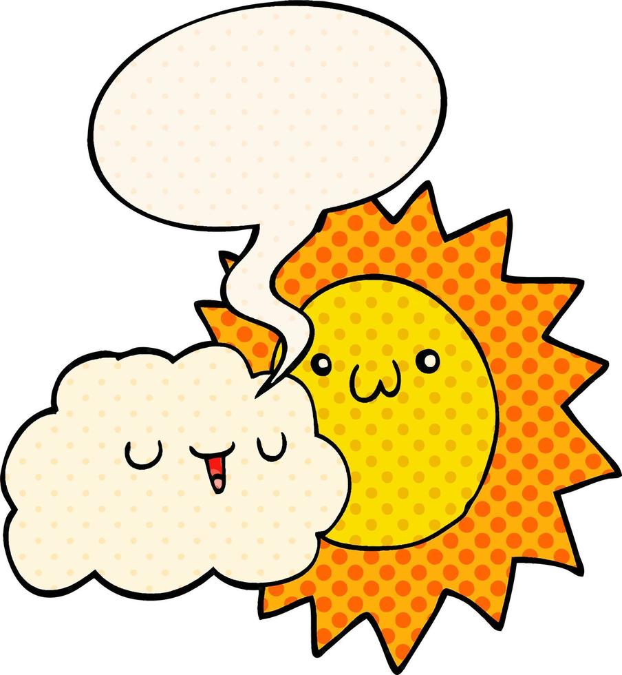 Cartoon-Sonne und Wolken und Sprechblase im Comic-Stil vektor