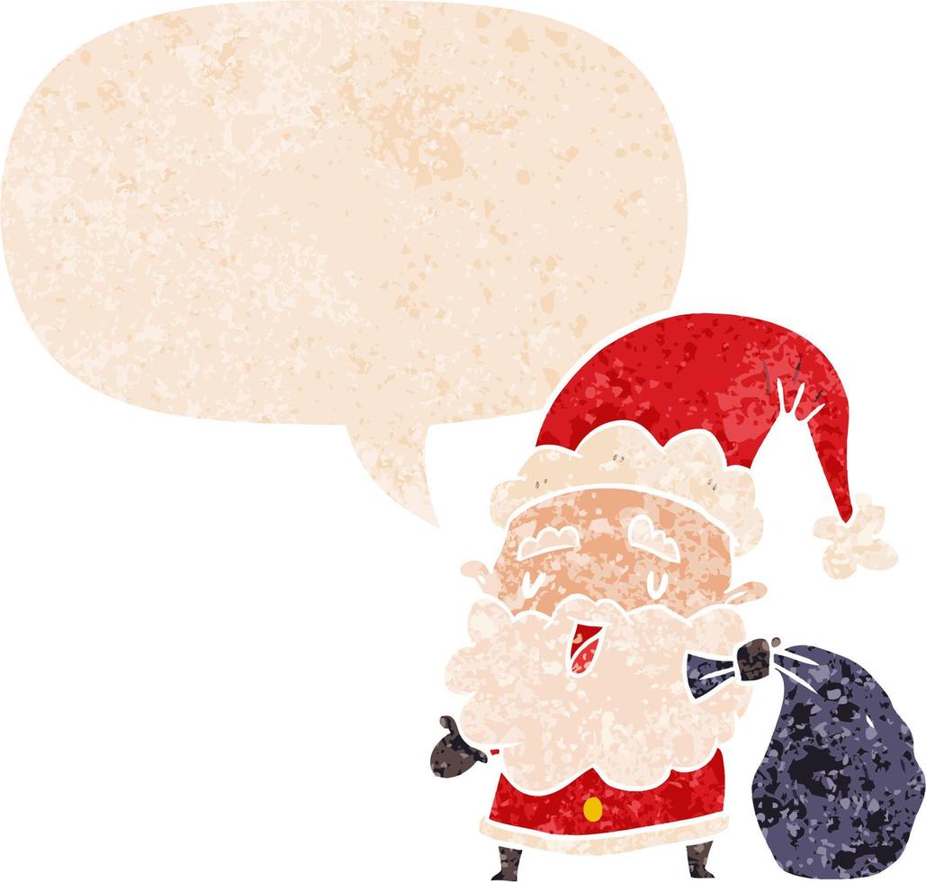 Cartoon-Weihnachtsmann mit Sack und Sprechblase im strukturierten Retro-Stil vektor
