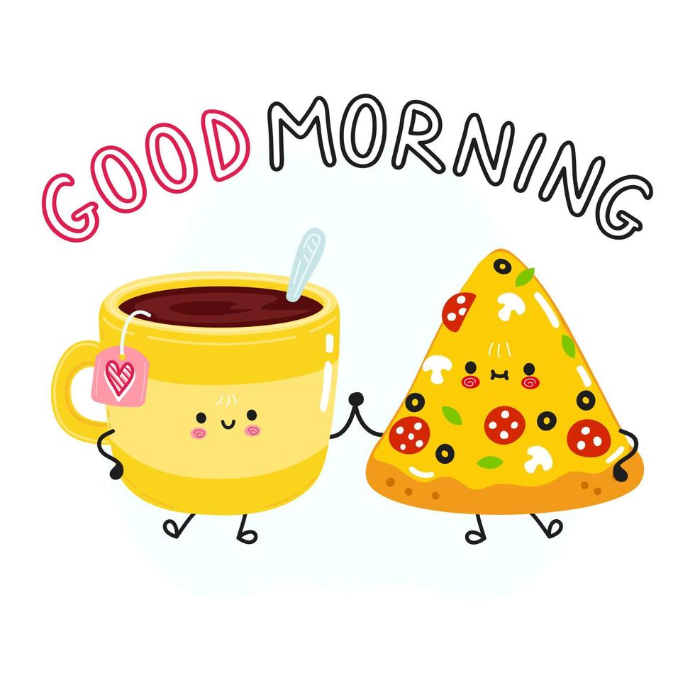 söt glad kopp te och pizza kort. vektor handritad doodle stil seriefigur illustration ikon design. glad kopp te och pizza vänner konceptbil