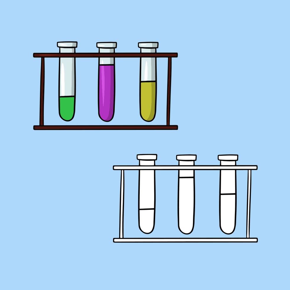 en uppsättning bilder, ett kemiskt experiment, ett metallställ med glasprovrör, en vektorillustration i tecknad stil på en färgad bakgrund vektor