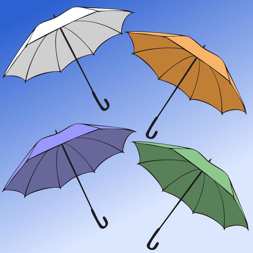 en uppsättning färgglada utomhusparaplyer på en blå bakgrund. vektor