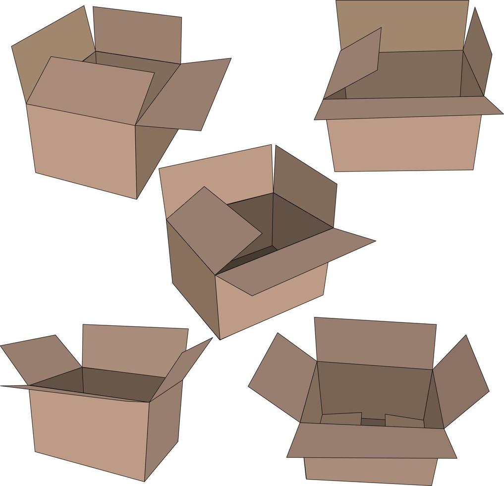 eine Reihe von Paketen aus Kartons auf transparentem Hintergrund. offene Kartonverpackungen für die Lieferung von Umzugs- und Geschenken. leerer raum für zeichen, text. vektor
