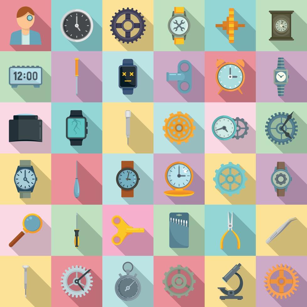 Watch Repair Icons Set, flacher Stil vektor