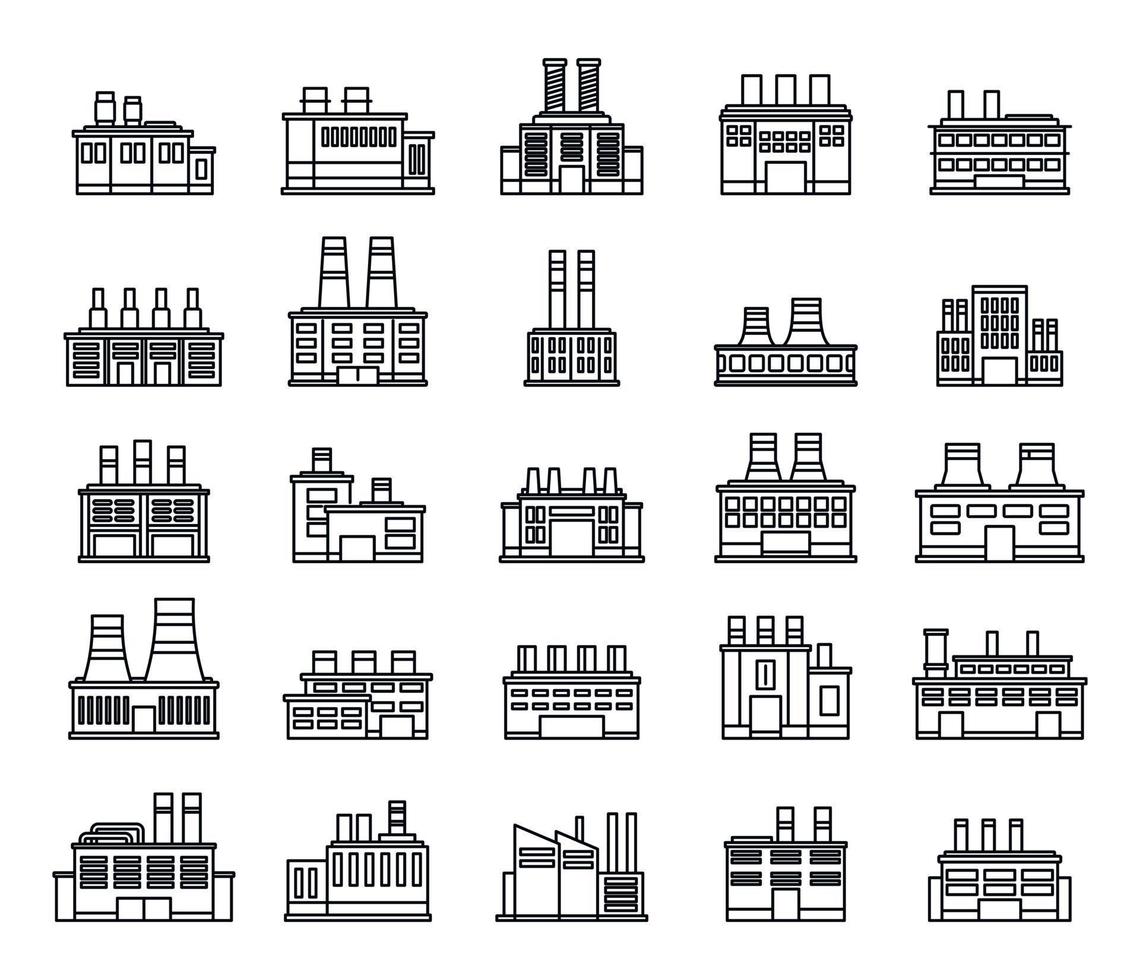 Energie-Recycling-Fabrik-Icons gesetzt, Umrissstil vektor