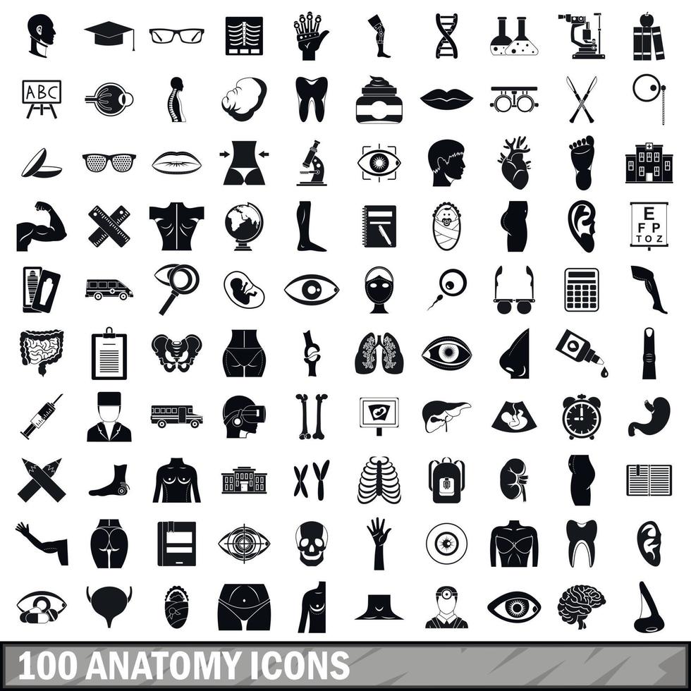 100 Anatomie-Icons gesetzt, einfacher Stil vektor