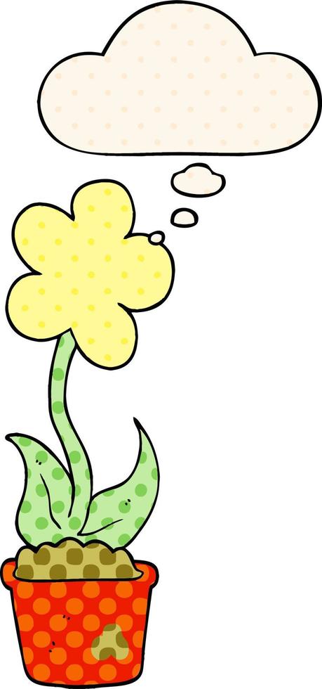 niedliche cartoon-blume und gedankenblase im comic-stil vektor