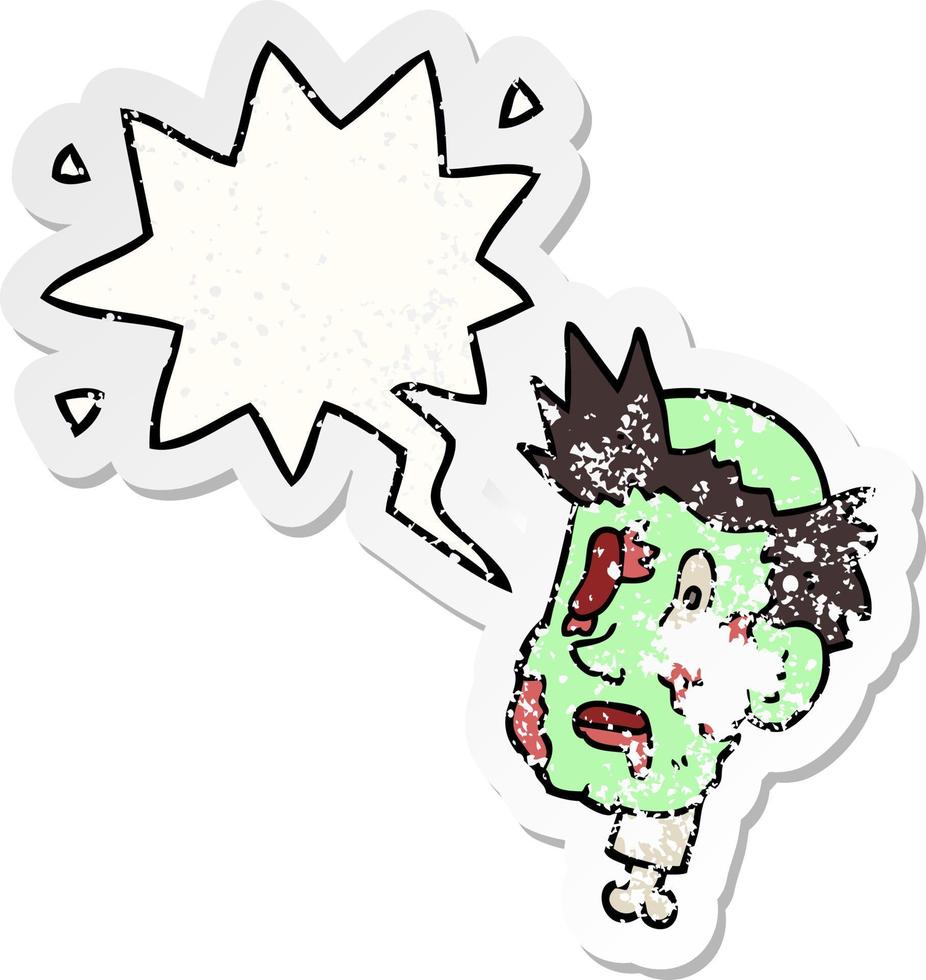 tecknad zombie huvud och pratbubbla nödställda klistermärke vektor