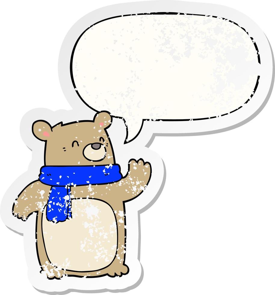 tecknad björn bär halsduk och pratbubbla nödställda klistermärke vektor