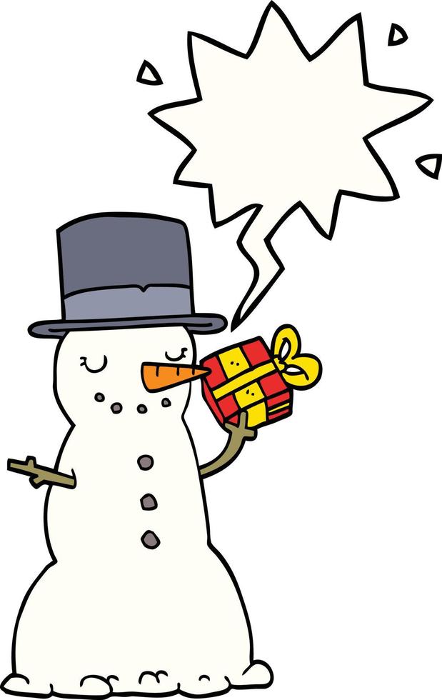 tecknad jul snögubbe och pratbubbla vektor
