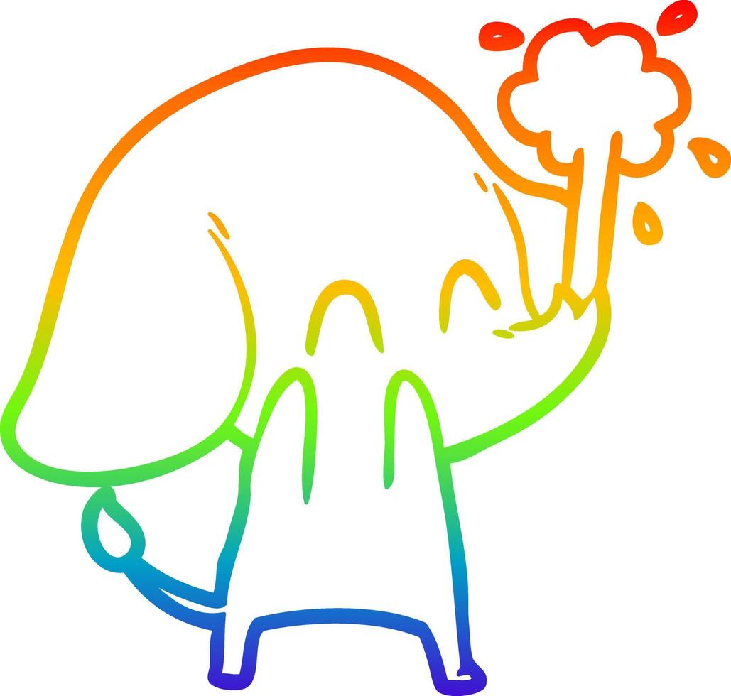 regnbågsgradient linjeteckning söt tecknad elefant sprutar vatten vektor