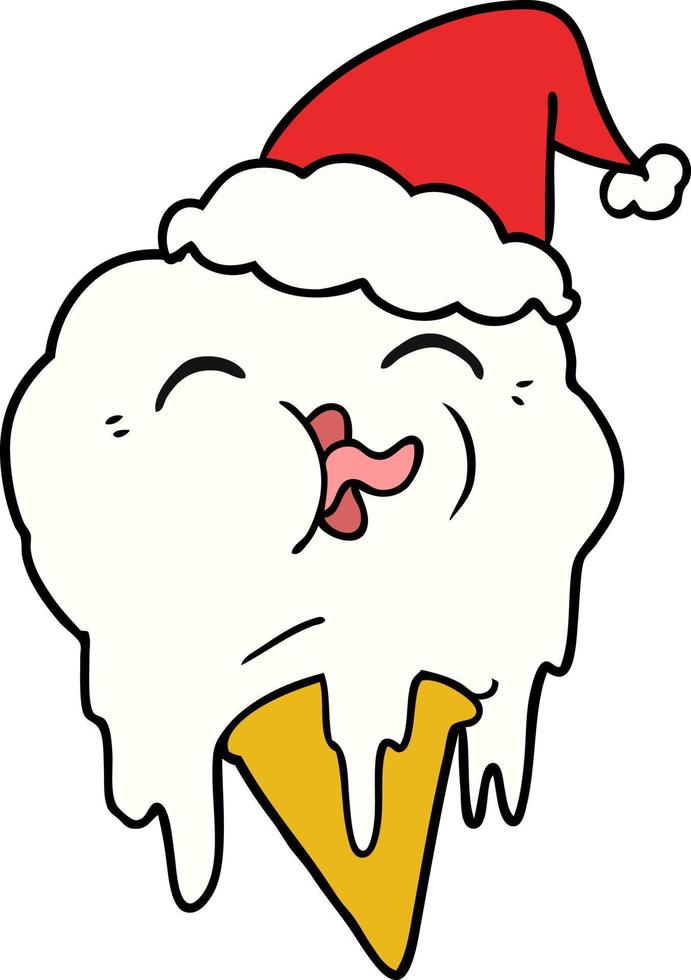 Strichzeichnung einer schmelzenden Eiscreme mit Weihnachtsmütze vektor