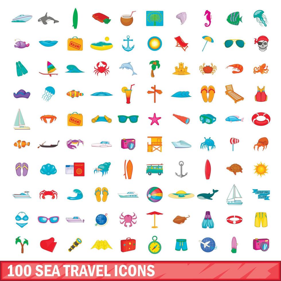100 Symbole für Seereisen im Cartoon-Stil vektor
